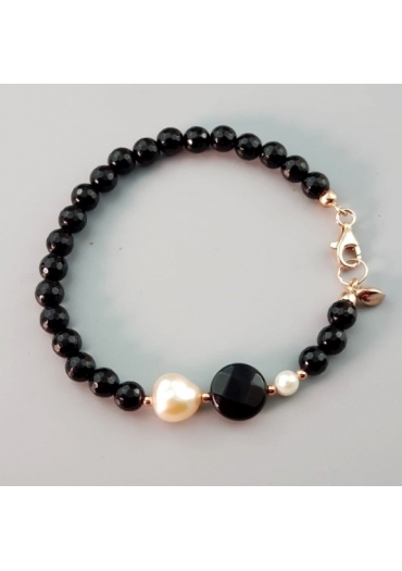 Bracciale  agata nera sfacc. 6mm, perle coltivate BR1905