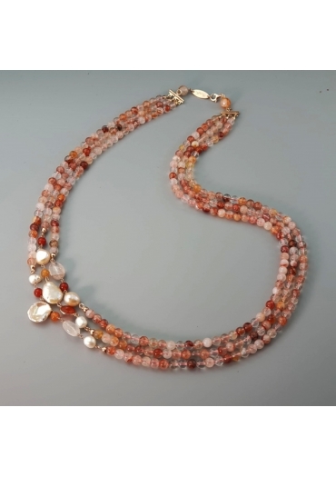 Collana Armony,  Quarzo cipria 6 mm, perle coltivate CN3695
