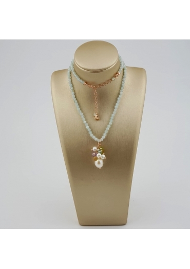 Collier acquamarina, quarzi  multicolor perle coltivate CN3540