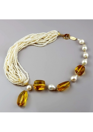 Collier perle di fiume, ambra messicana CN2744
