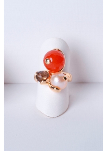 Anello agata arancione, perla di fiume, quarzo fumè AN168