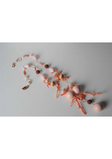 Collana, corallo rosa, perle di fiume, lava CN2184