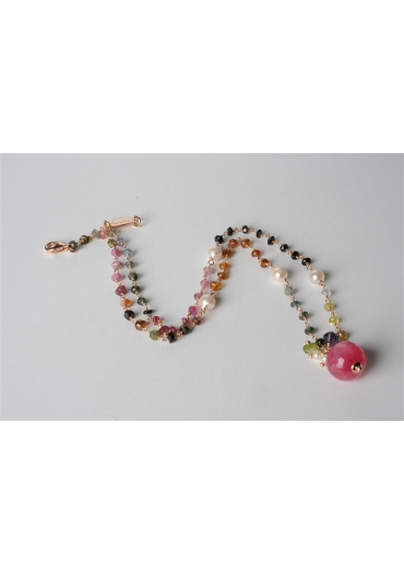 Collana, rosarietto tormaline, giada rosa, perle di fiume CN2272