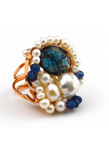 Anello perle barocche, agata zaffiro, pz unico AN298