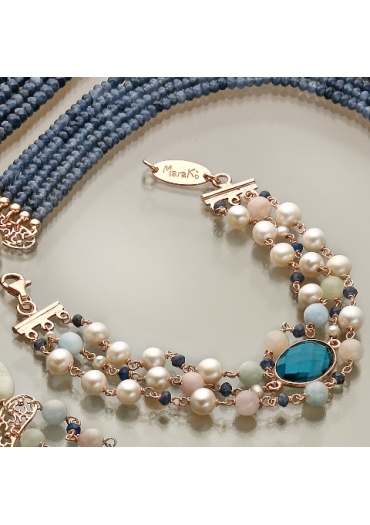 bracciale a tre fili, acquamarina multicolor, agata blu zaffiro, perle coltivate BR1383