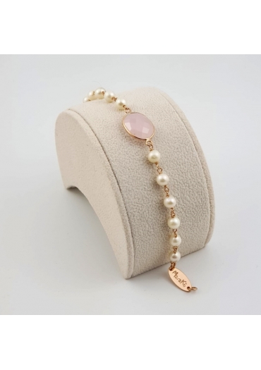 Bracciale perle coltivate, castone quarzo rosa BR1320