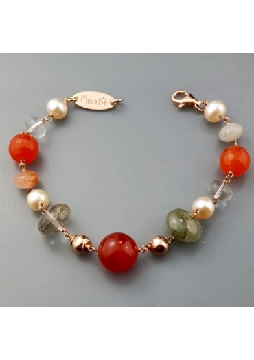 Bracciale quarzi multicolor, agata arancione, perle coltivate BR1687
