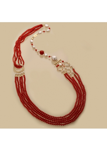 Chanel multifili corallo bamboo rosso, perle di fiume CN3076