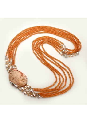 Chanel multifilo agata arancione, cammeo, perle di fiume CN3177