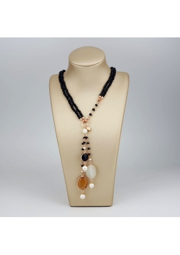 Chanel regolabile 48-90 cm agata nera, perle coltivate, quarzi multicolor CN3593