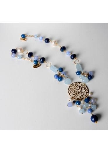 Collana, agata blu zaffiro, perle di fiume, giada celeste CN2104