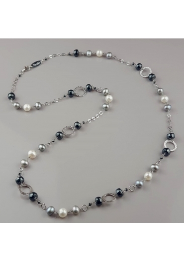 Collana, ematite  e perle di fiume bianche e grigie CN1696