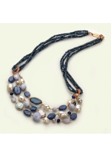 Collana multifili agata blu zaffiro,perle di fiume,calcedonio, cianite CN3018