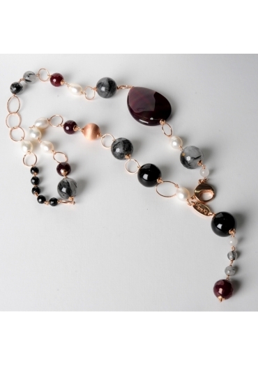 Collana, quarzo rutilato  grigio, perle di fiume, agata ruby CN1930