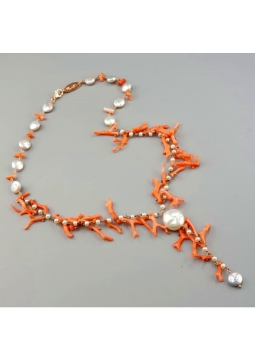 Collana, rosarietto perle di fiume,corallo rosa CN2304