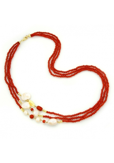 Collier a tre fili corallo bamboo red, perle coltivate 58 cm cn3458