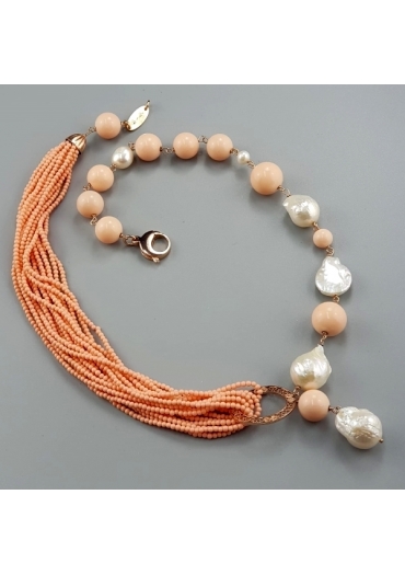 Collier corallo bamboo rosa e perle barocche bianche CN2962