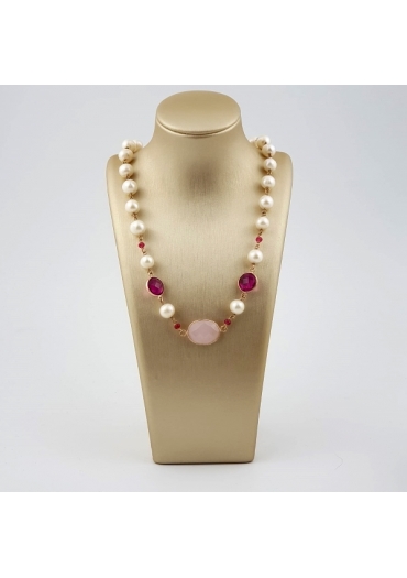Collier perle coltivate 8mm,   agata rosa CN3145