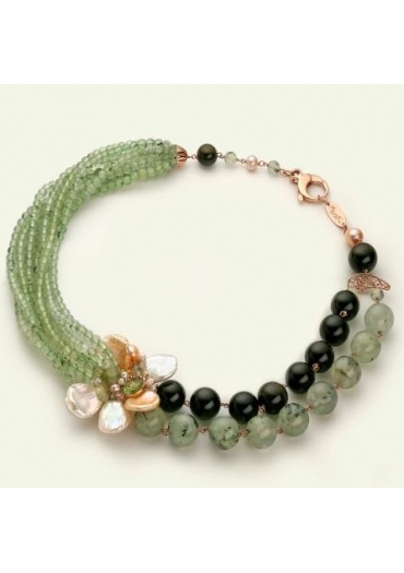 Collier quarzo rutilato verde, ossidiana, perle coltivate Cn3249