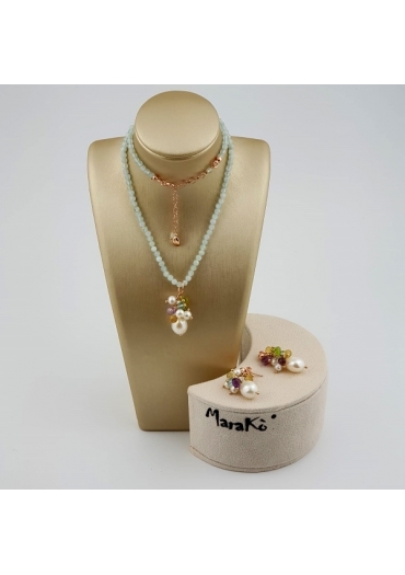Parure acquamarina taglio diamond, perle coltivate, quarzi multicolor P367