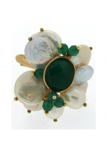 Anello perle biwa, castone agata smeraldo AN182