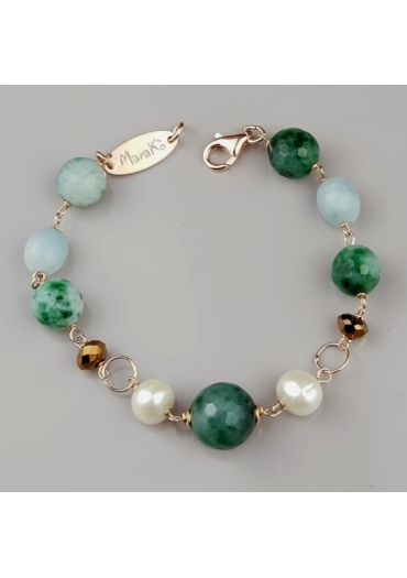 Bracciale Acquamarina, agata striata verde, perle br0635