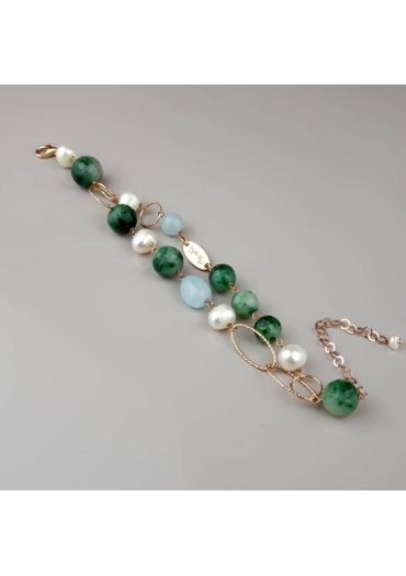 Bracciale Acquamarina, agata striata verde, perle BR0633