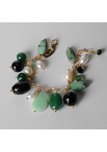 Bracciale  charms, crisoprasio, agata verde smeraldo, agata nera, perle di fiume BR0599