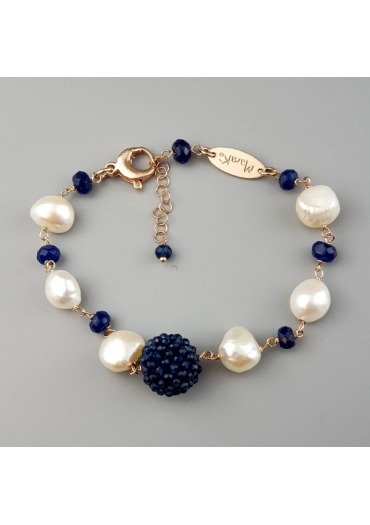 Bracciale perle coltivate,  mora agata blu zaffiro BR1887