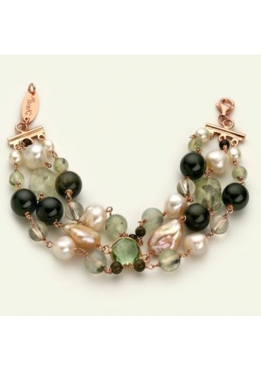 Bracciale quarzo rutilato verde,ossidiana, perle coltivate BR1427