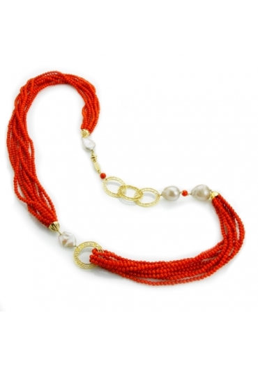 Chanel corallo bamboo rosso, perle barocche, filigrana CN2647