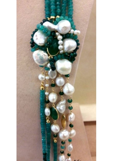 Collana agata verde smeraldo sfumata, perle coltivate CN3204