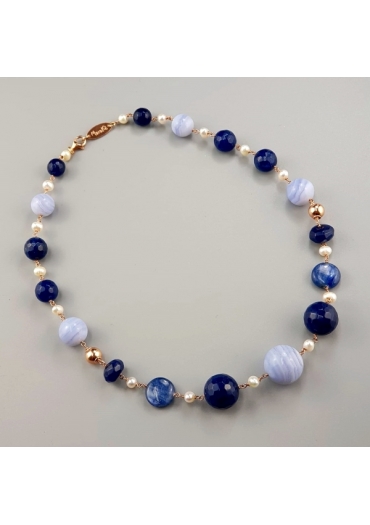Collier calcedonio, agata blu  zaffiro, perle coltivate CN3556