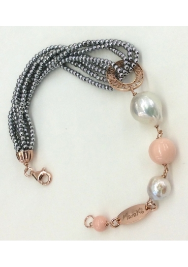 Br ematite argento, corallo bamboo rosa, perle barocche BR1251