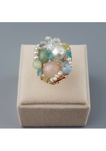 Anello acquamarina multicolor, perle coltivate, pz unico AN331