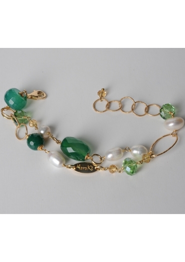 Bracciale a 2 fili, agata verde smeraldo, perle di fiume BR0577