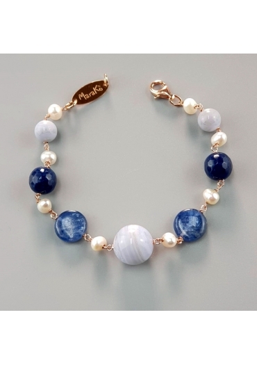 Bracciale calcedonio, agata blu,  perle coltivate BR1742