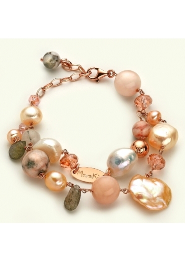Bracciale opale rosa, labradorite,  Perle coltivate BR1447