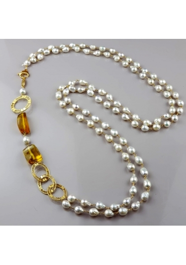 Chanel a 2 fili perle barocche, ambra messicana CN2717