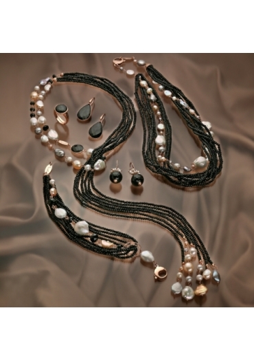 Collana a sciarpa,agata nera perle coltivate CN3019
