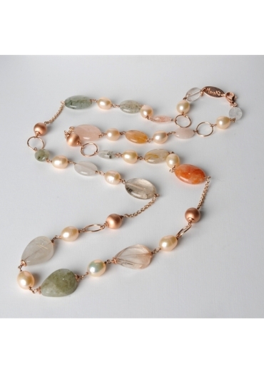 Collana,  agata multicolor, perle di fiume CN2078