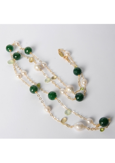 Collana Agata verde,perle barocche, tagli macchina CN2364