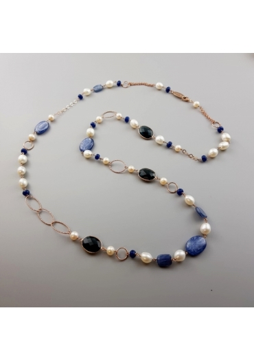 Collana perle di fiume, cianite e quarzi blue light CN2941