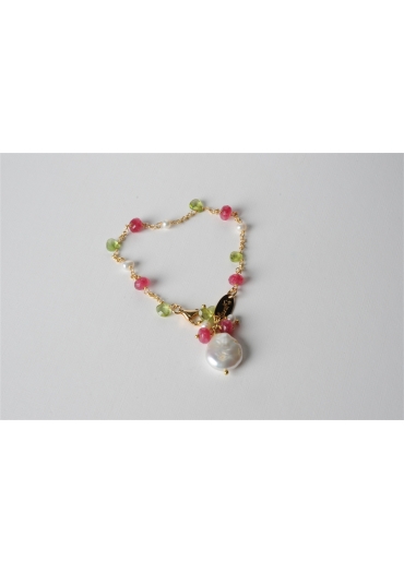 Bracciale charms, perle di fiume, peridoth, giada rosa BR0899
