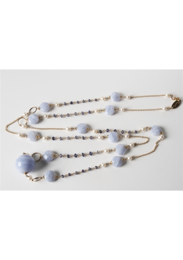 Collana, calcedonio, perle di fiume, rosarietto iolite CN1983