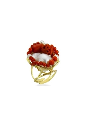 Anello corallo rosso perle coltivate acqua dolce pz unico AN300