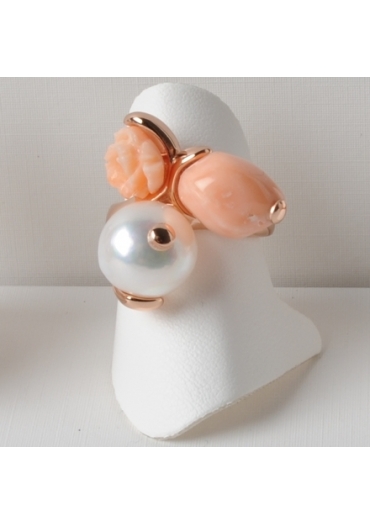 Anello perla di fiume, rosellina e sasso corallo rosa AN141