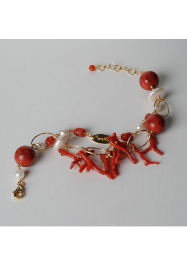Bracciale a 2 fili, corallo rosso, madrepora, perle di fiume BR0800