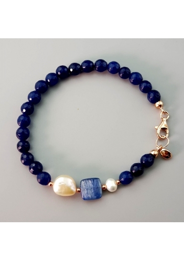 Bracciale agata blu 6mm cianite, perle coltivate, BR1909
