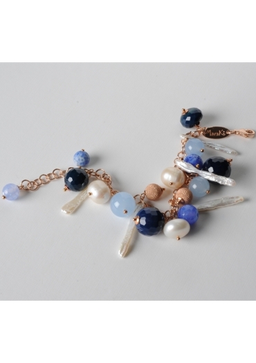 Bracciale charms, agata blu, agata web, perle di fiume BR0696
